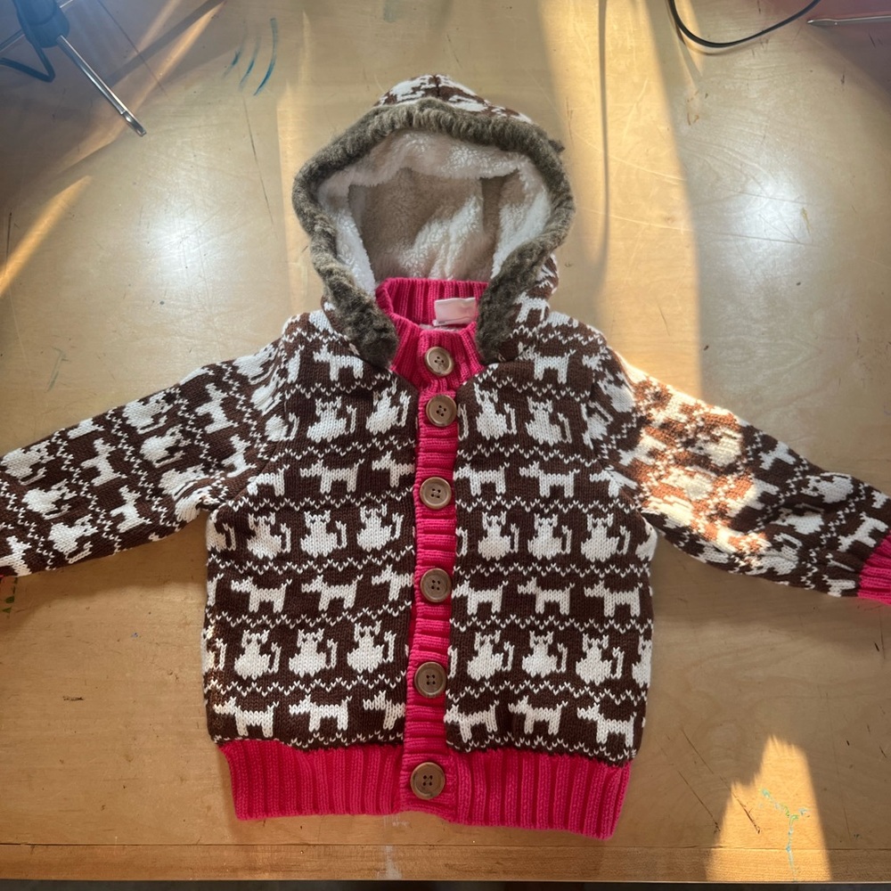 Hanna andersson kids fluffy knitted jacket, brown,pink and white, cat and dog